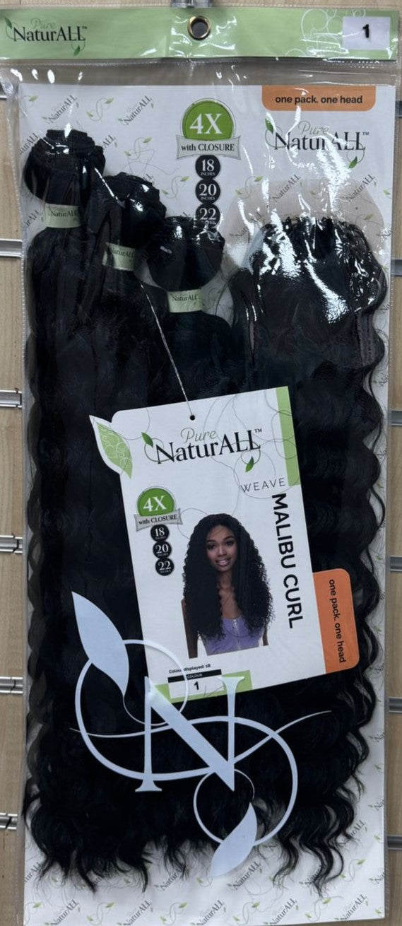 Pure NaturALL 4X MALIBU CURL Weave with Closure 18” 20” 22” – Synthetic Hair Bundle