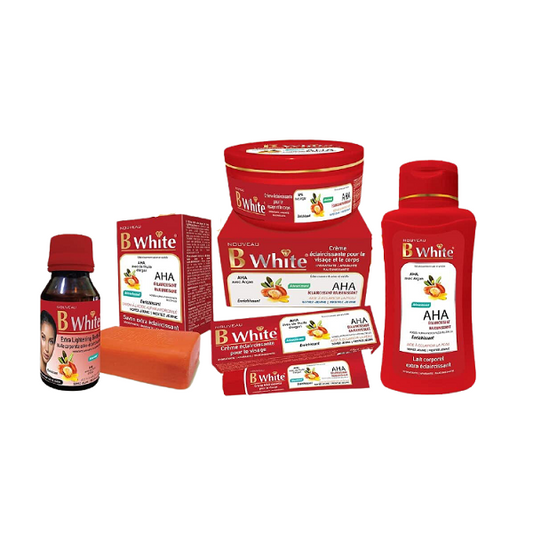 Pack Complet de Gamme B White AHA avec de l'Huile d'Argan - Crème, Lotion, Huile Corporelle, Savon, Crème de Visage Savon